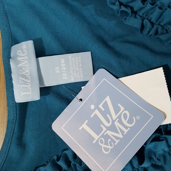 LIZ & ME Turquoise Blue V-Neck 3/4 Sleeve Ruffle Detail Top Shirt - Picture 5 of 11